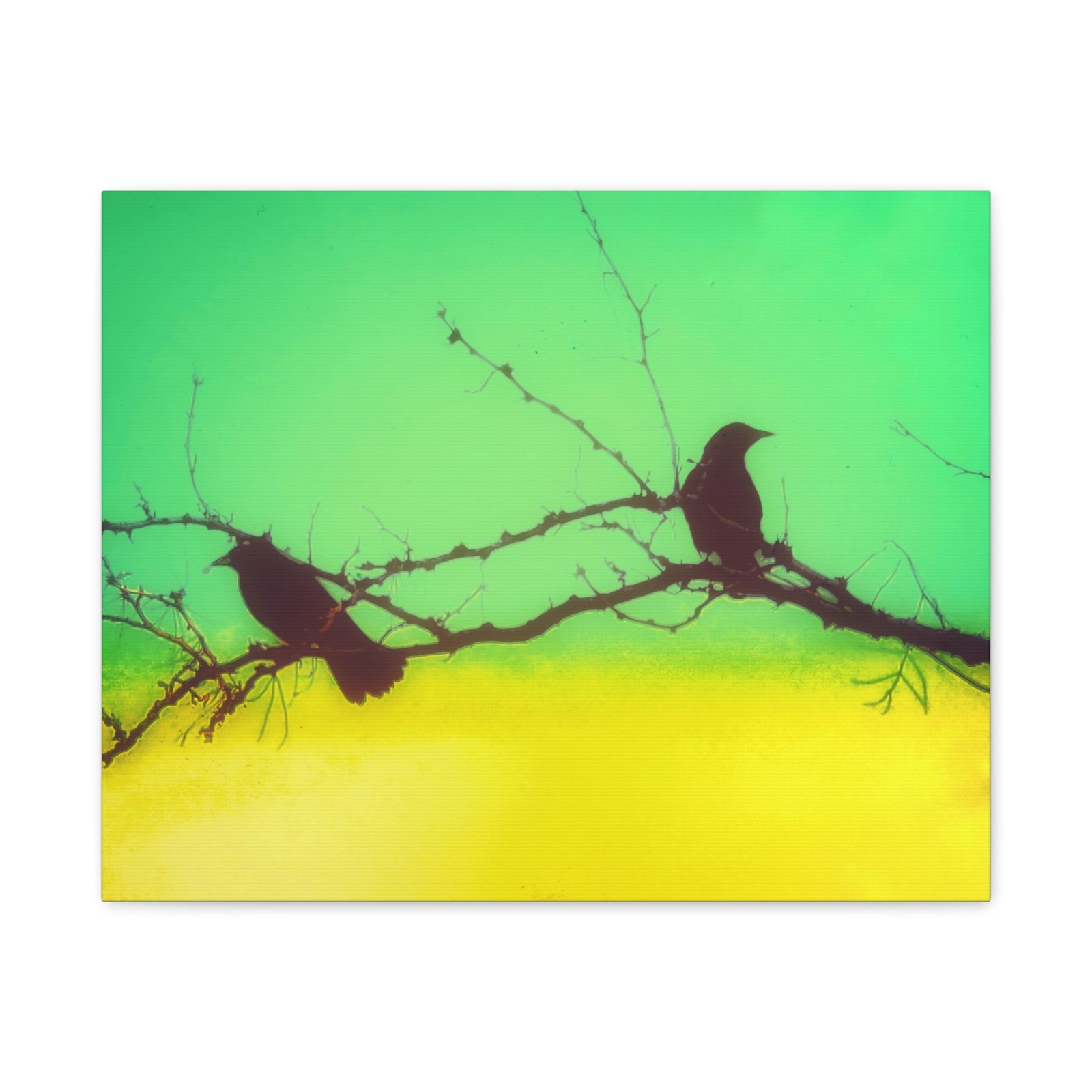 Silhouette Crows on Branch Matte Canvas Wall Art — Green & Yellow Stretched Canvas - Image 5