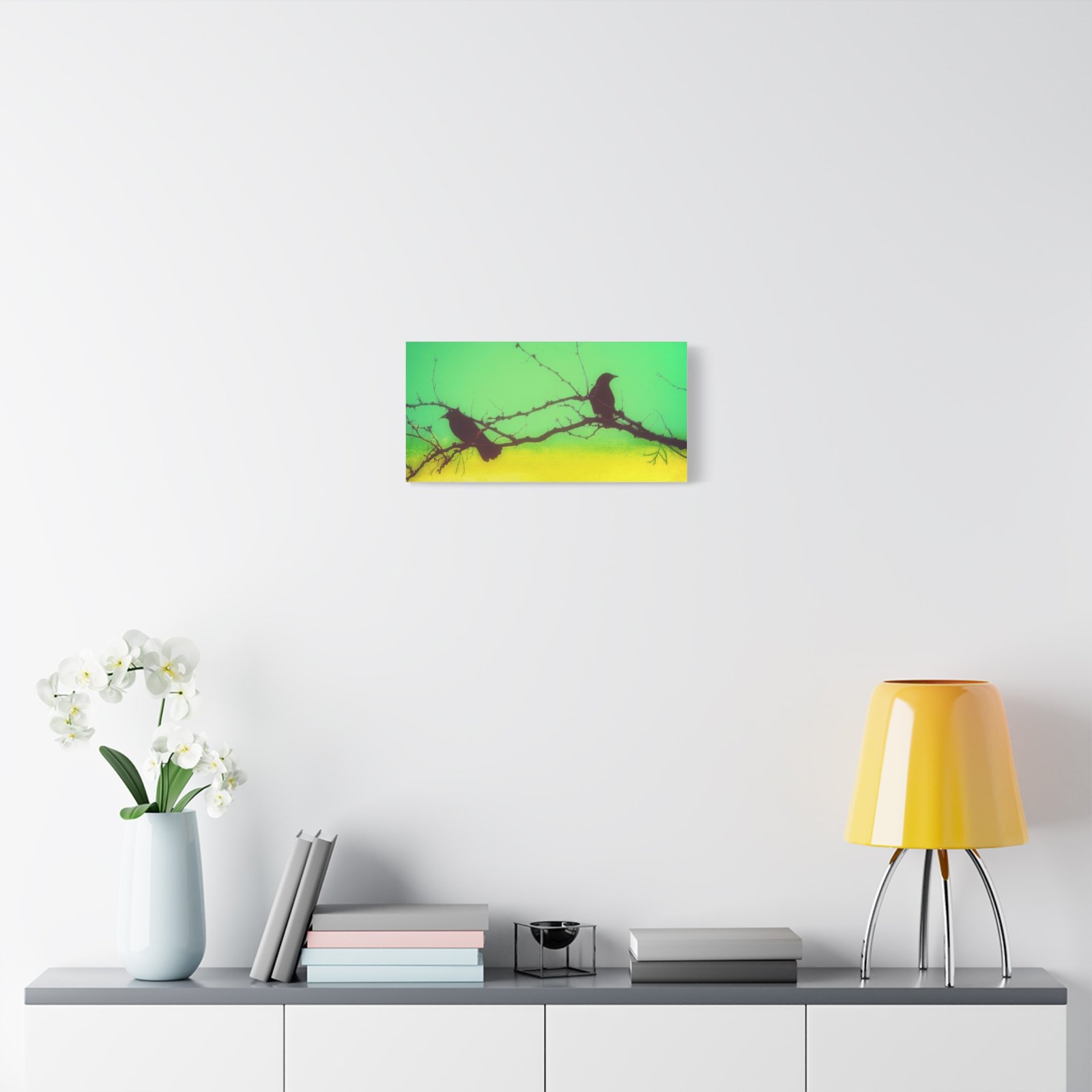 Silhouette Crows on Branch Matte Canvas Wall Art — Green & Yellow Stretched Canvas - Image 3