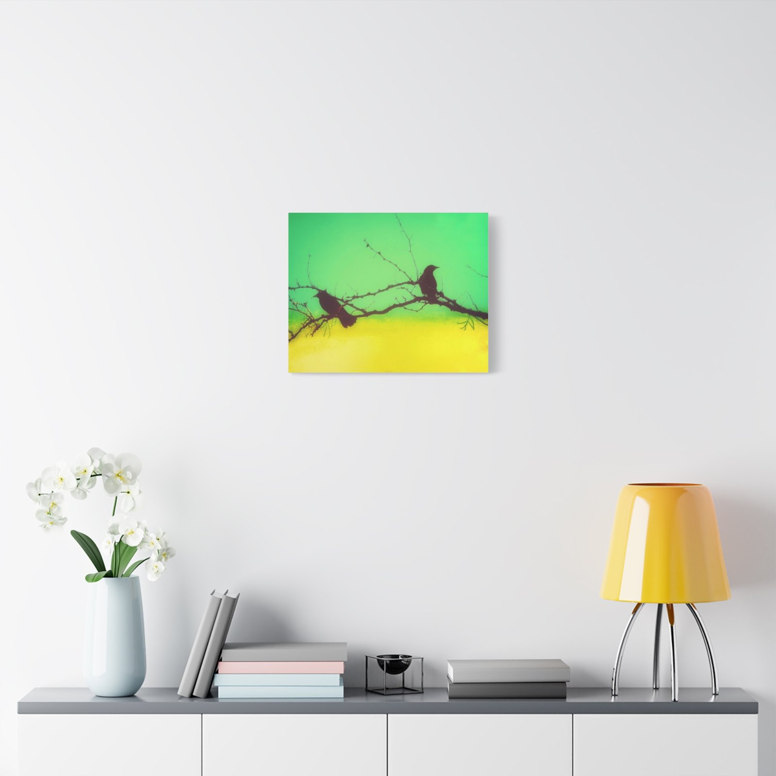 Silhouette Crows on Branch Matte Canvas Wall Art — Green & Yellow Stretched Canvas - Image 7