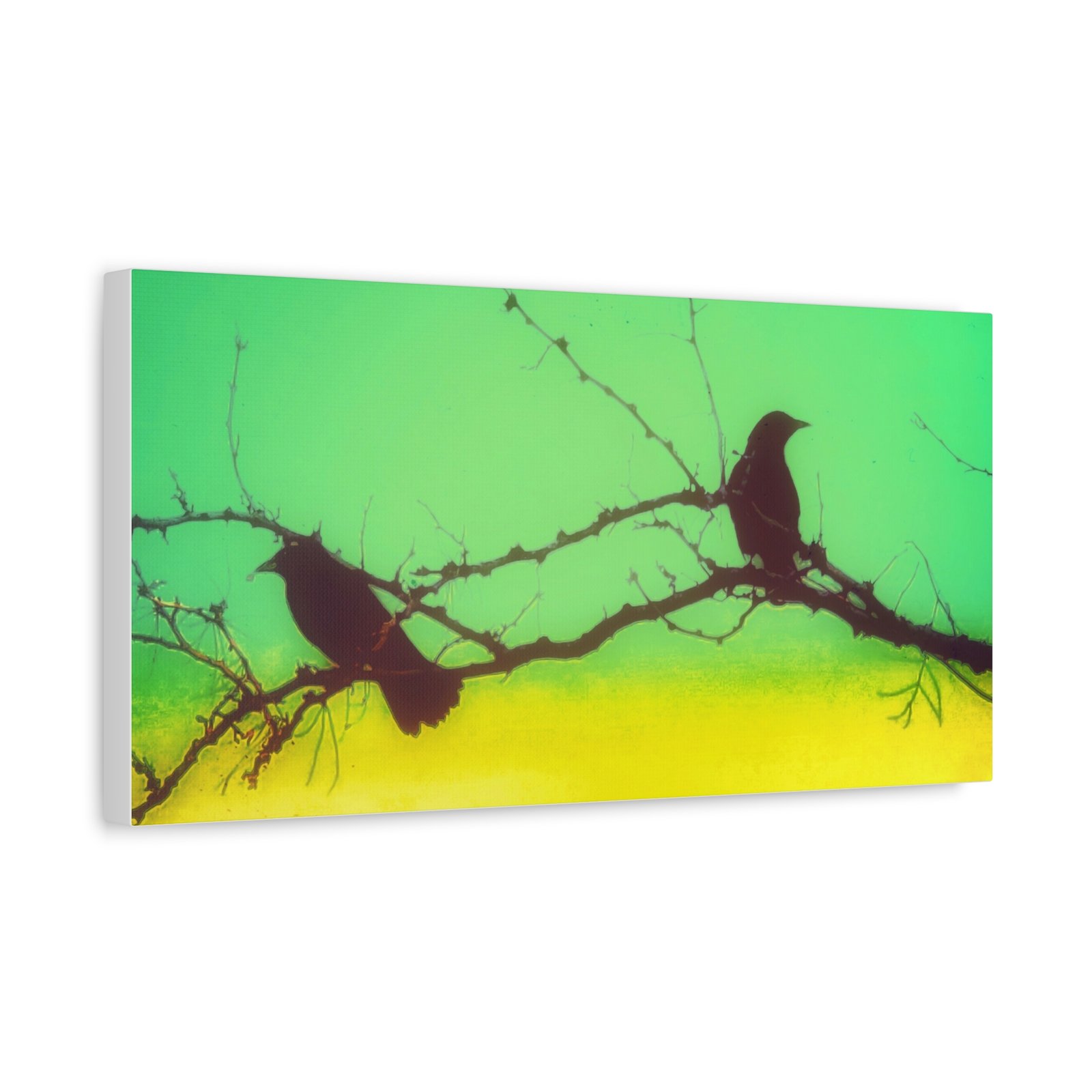 Silhouette Crows on Branch Matte Canvas Wall Art — Green & Yellow Stretched Canvas - Image 2