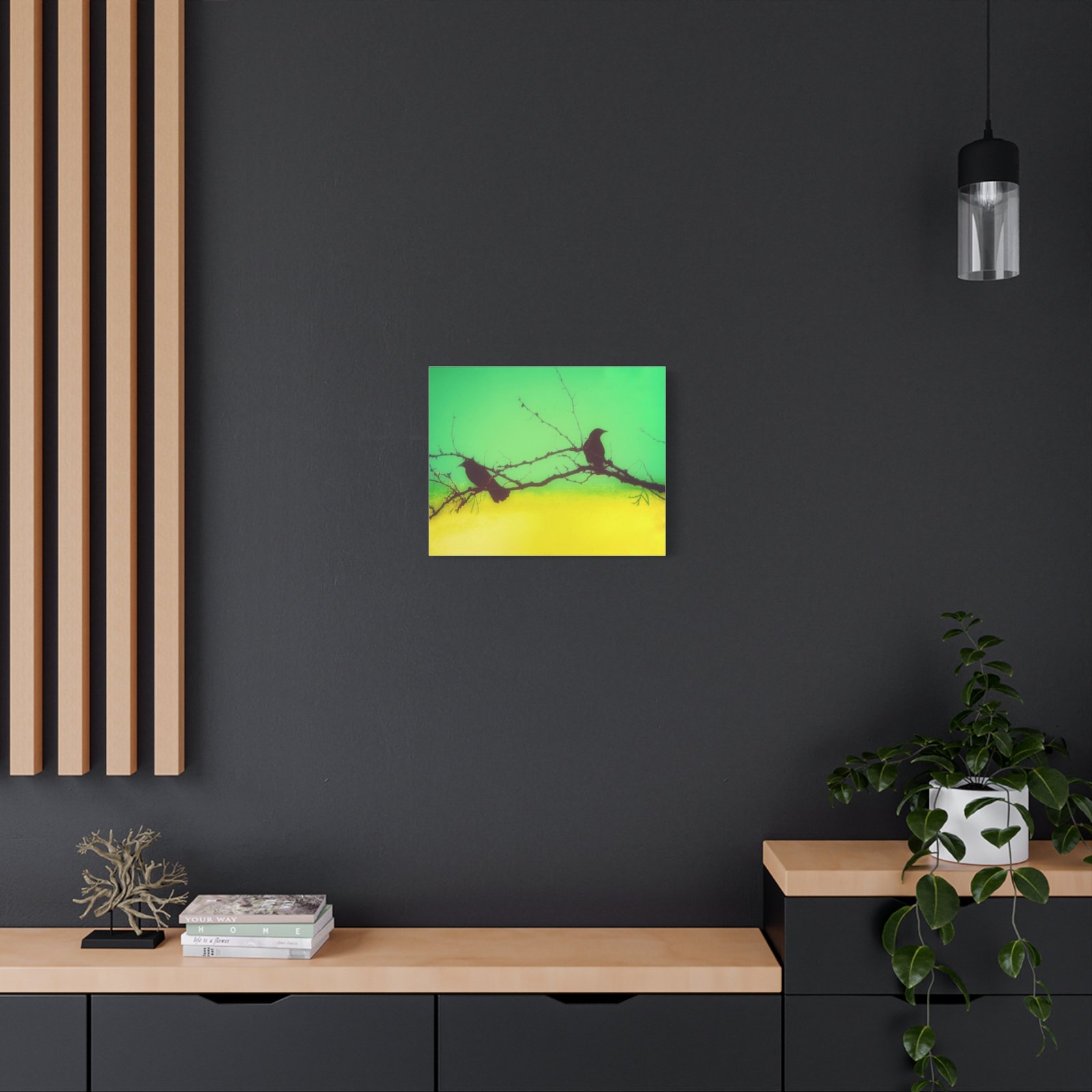 Silhouette Crows on Branch Matte Canvas Wall Art — Green & Yellow Stretched Canvas - Image 8