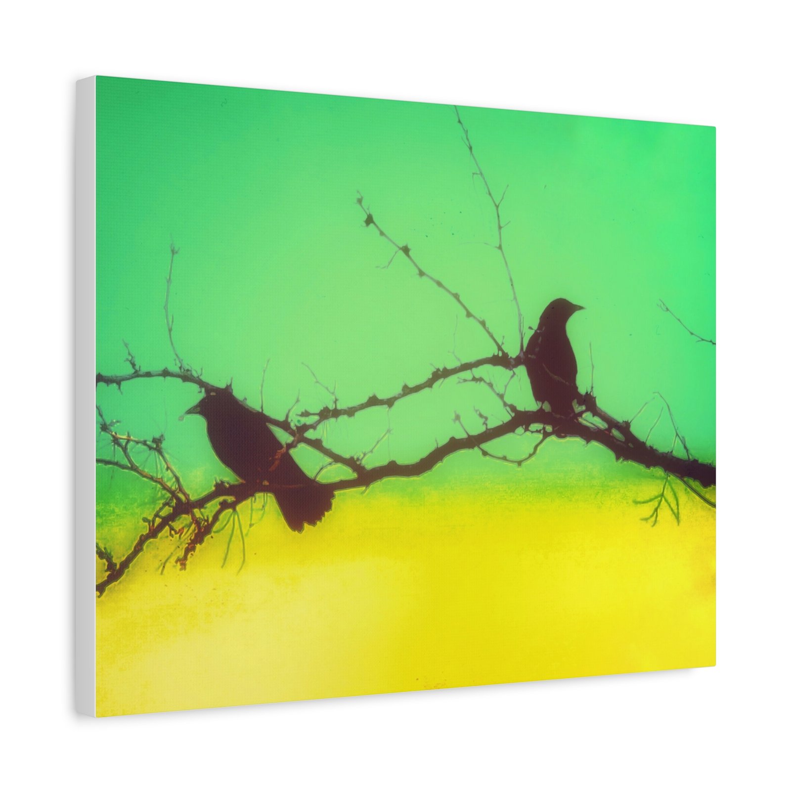 Silhouette Crows on Branch Matte Canvas Wall Art — Green & Yellow Stretched Canvas - Image 6