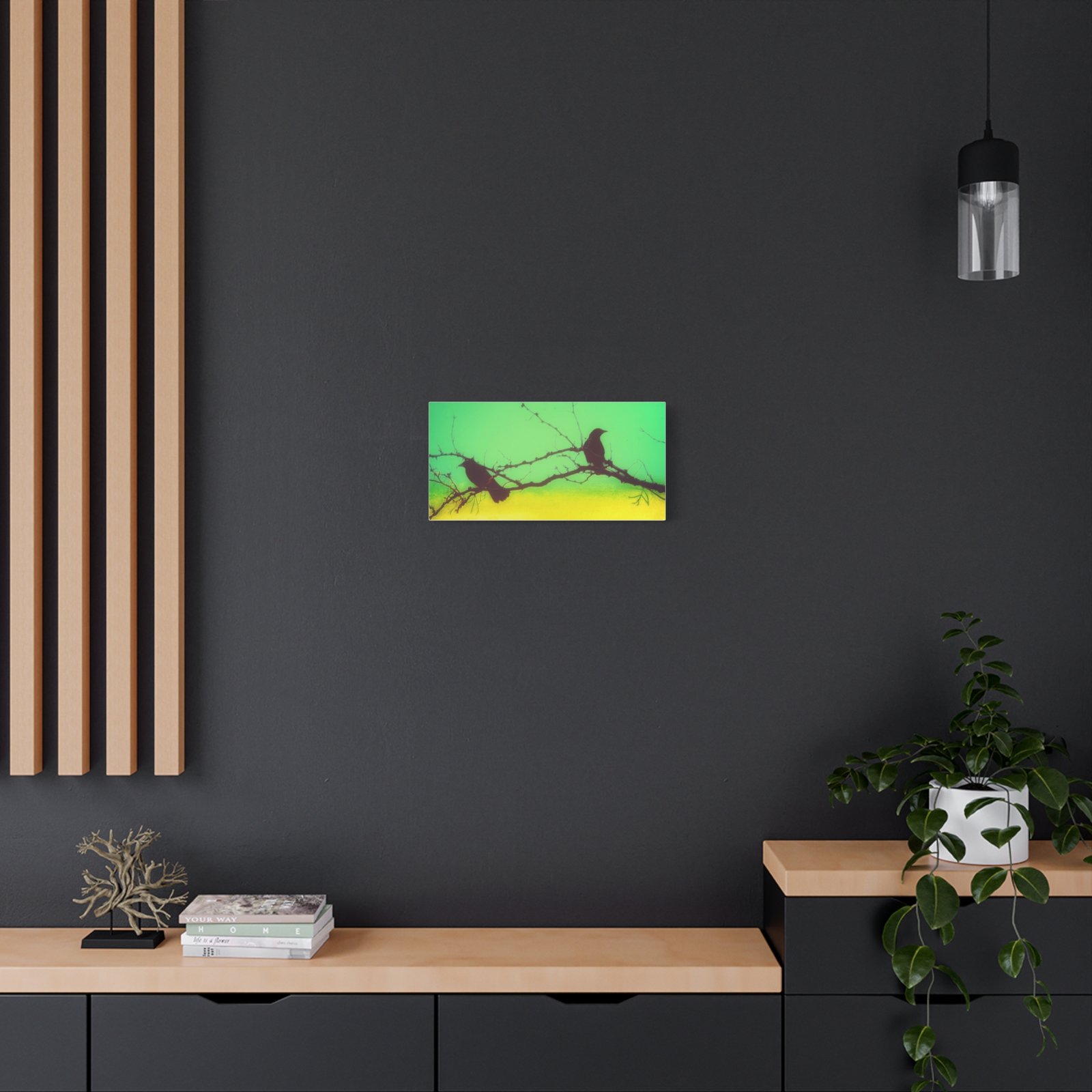 Silhouette Crows on Branch Matte Canvas Wall Art — Green & Yellow Stretched Canvas - Image 4