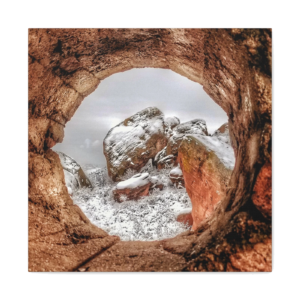 Snowy Rock Window Canvas Print — Scenic Winter Landscape Wall Art