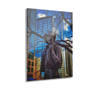 Cowboy Statue Cityscape Acrylic Print — Western Urban Wall Art (French Cleat Hanging)