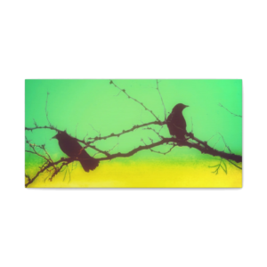 Silhouette Crows on Branch Matte Canvas Wall Art — Green & Yellow Stretched Canvas
