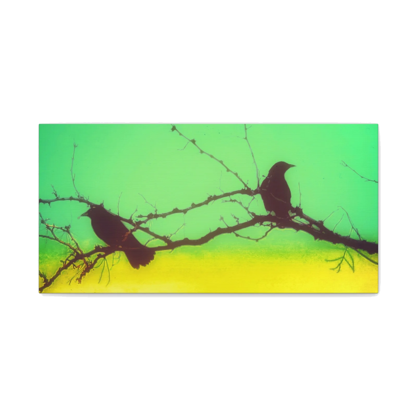 Silhouette Crows on Branch Matte Canvas Wall Art — Green & Yellow Stretched Canvas
