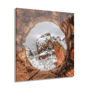 Acrylic Print — Snowy Rock Window Landscape (French Cleat Hanging)