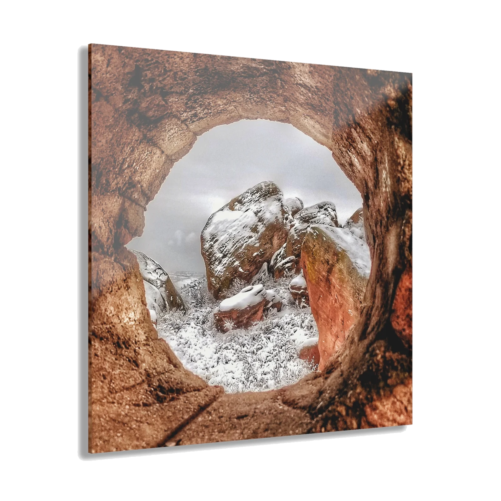 Acrylic Print — Snowy Rock Window Landscape (French Cleat Hanging)