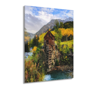 Rustic Mountain Mill Acrylic Print — Autumn Cabin Wall Art (French Cleat Hanging)