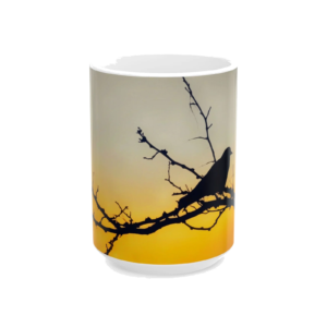 Silhouette Bird on Branch Ceramic Coffee Mug — Sunset Nature Scene (11oz, 15oz)