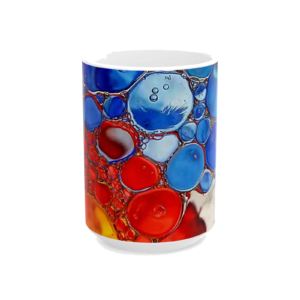 Abstract Color Bubble Ceramic Mug — Vibrant Red & Blue Art Coffee Cup (11oz/15oz)