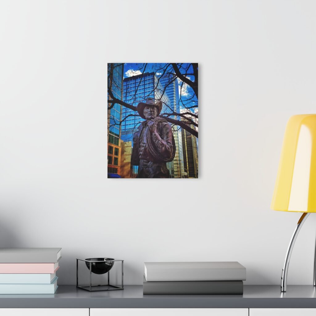 Cowboy Statue Cityscape Acrylic Print — Denver, Colorado
